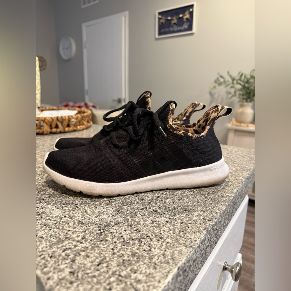 Adidas Women's Black and White Sneakers with Leopard Accent